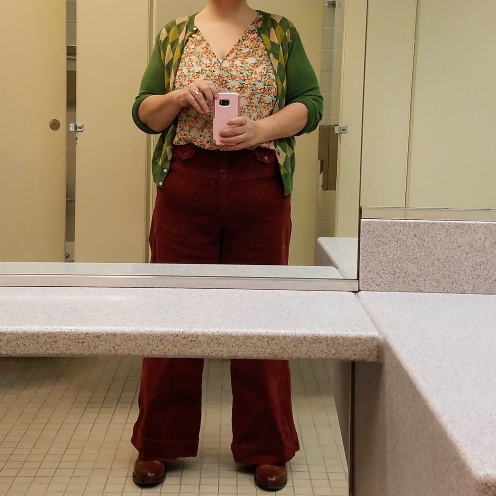 Melissa McCarthy rust corduroy wide leg pants